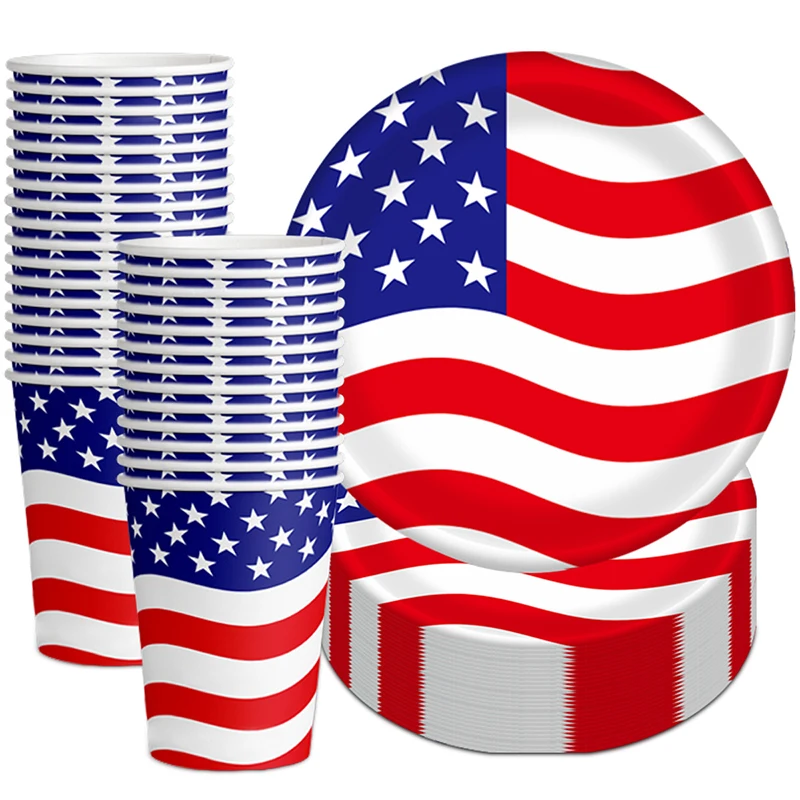 July 4 Party Supplies, Disposable Plates and Cups, Patriotic Tableware, American Flag Independence Keepsake