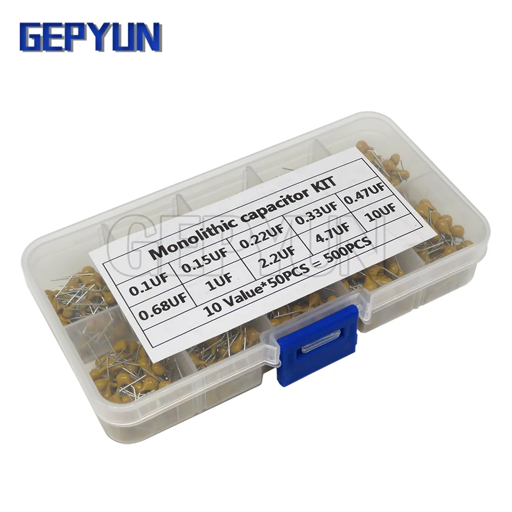 

500pcs/lot 10Values*50pcs 0.1uF-10uF(104~106) 50V Multilayer Ceramic Capacitors Assorted Kit Assortment Set with Storage Box