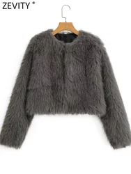 ZEVITY New Women Fashionable Synthetic Fur Jacket Female Side Pockets Long Sleeve Streetwear Chic Autumn Winter Coat Tops CT7357