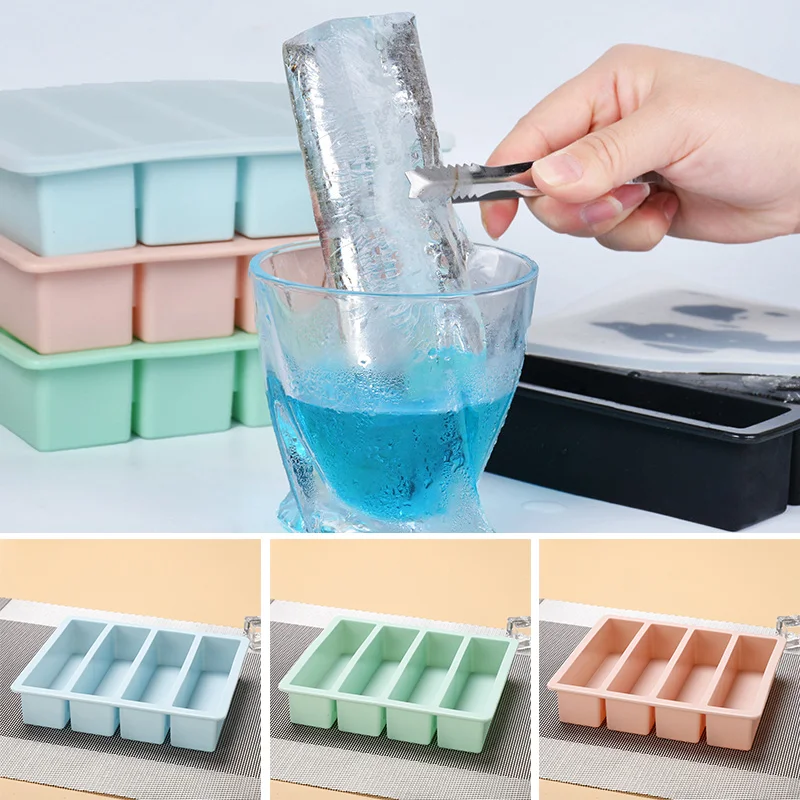 Long Ice Cube Tray 4 Grids Reusable Silicone Ice Cube Mold BPA Free Ice Maker Food Grade Silicone Ice Cubes Mould Manufacturers