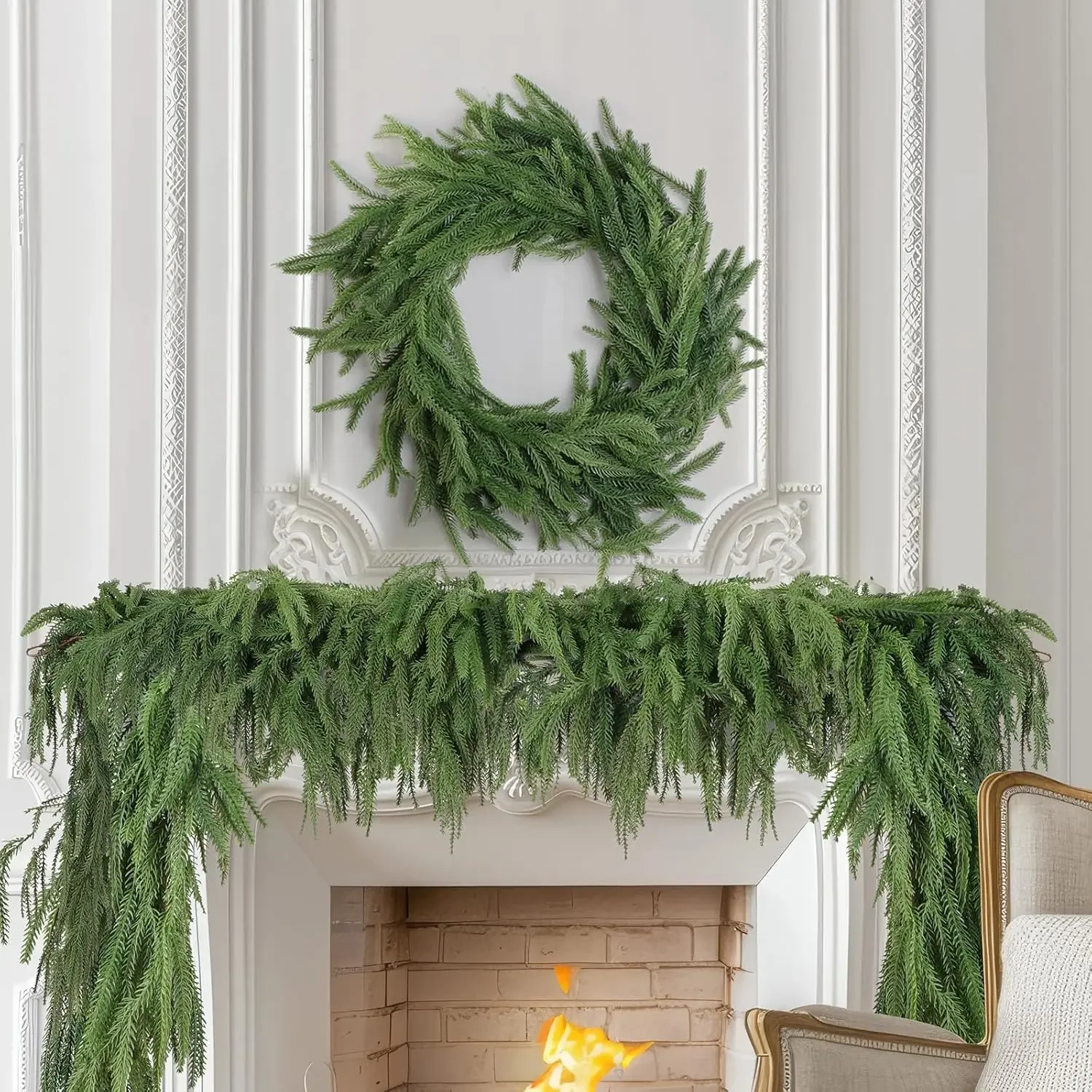 6Ft Norfolk Pine Garland Real Touch Artificial Greenery Garland for Christmas Table Wall Fireplace Mantel PE Soft Pine Needles