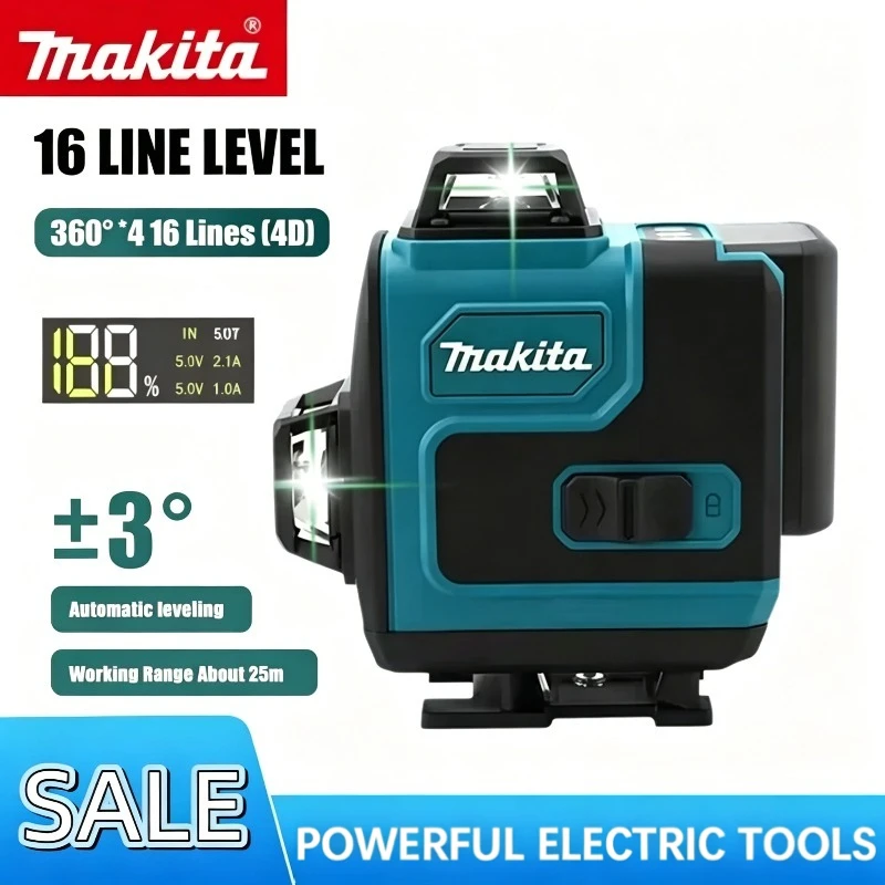 

Лазерный нивелир Makita 3D-4D 16 линий, высокоточный, 360° ° Горизонтальный и вертикальный зеленый лазер, портативный инструмент для горизонтальной и вертикальной разметки, совместимый с аккумуляторами Makita.