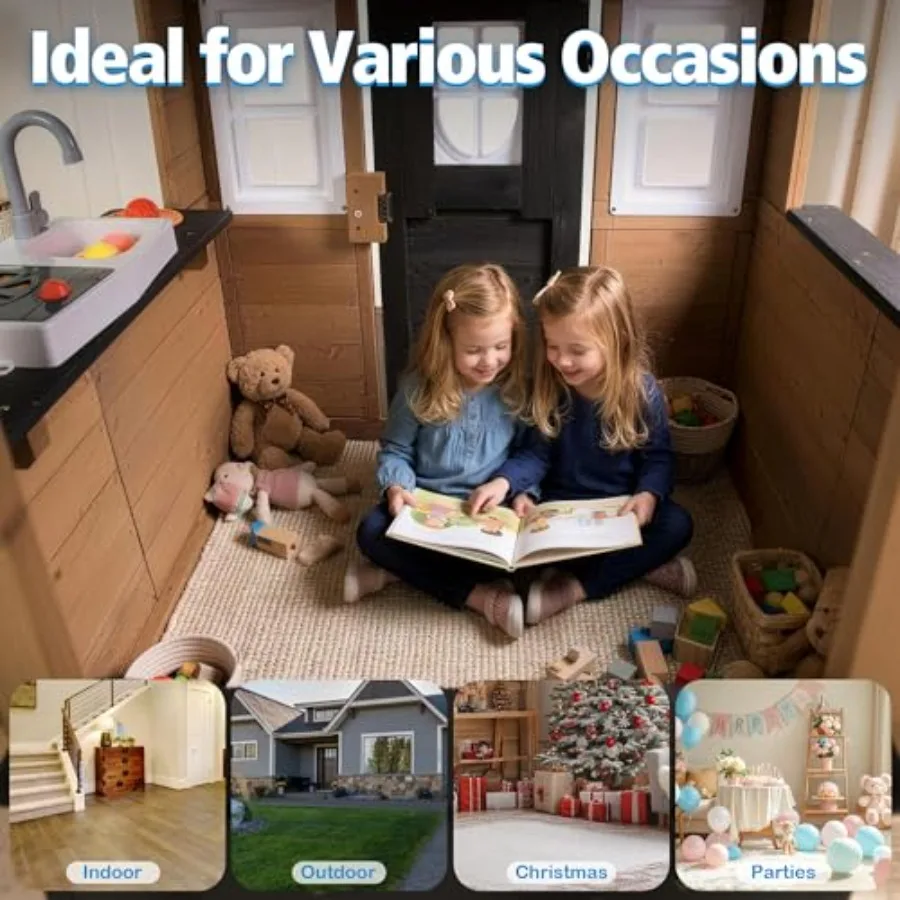 Outdoor playhouse for kids aged 3-8 with play kitchen, snack bar, working doorbell, toy phone, dog door, blackboard, markers, a