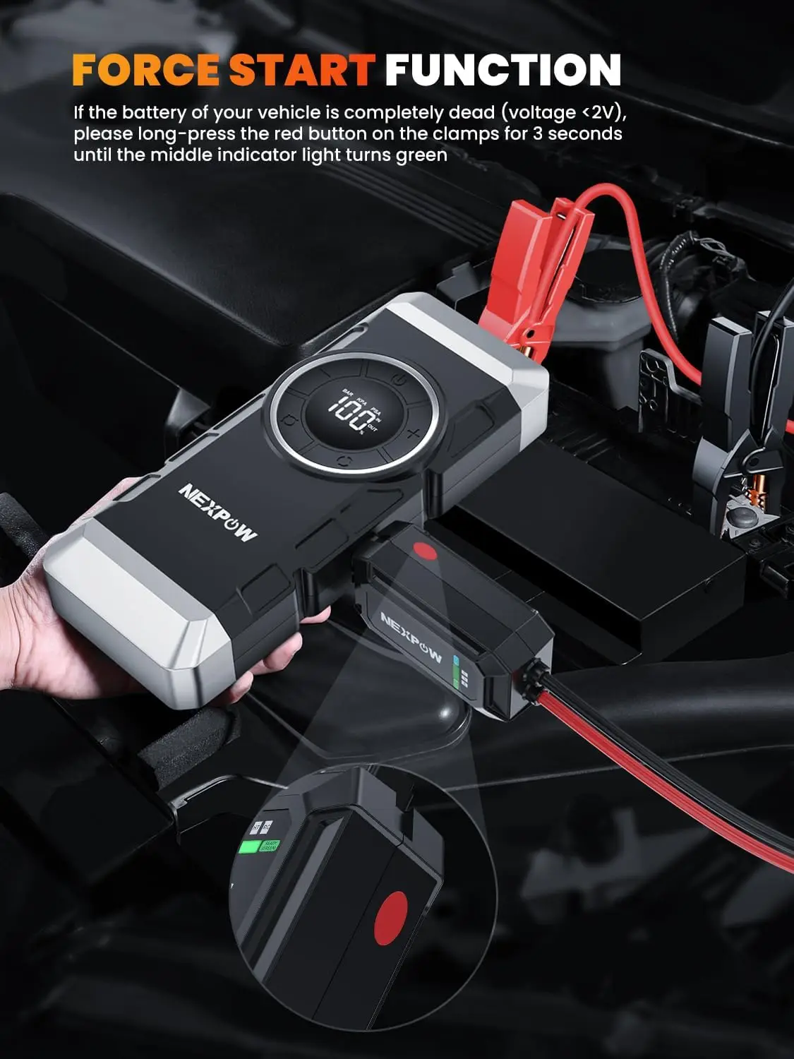 Car Battery Jump Starter 3000A, 12V 150PSI with Air Compressor, PD18W Quick Charge, Force Start Button