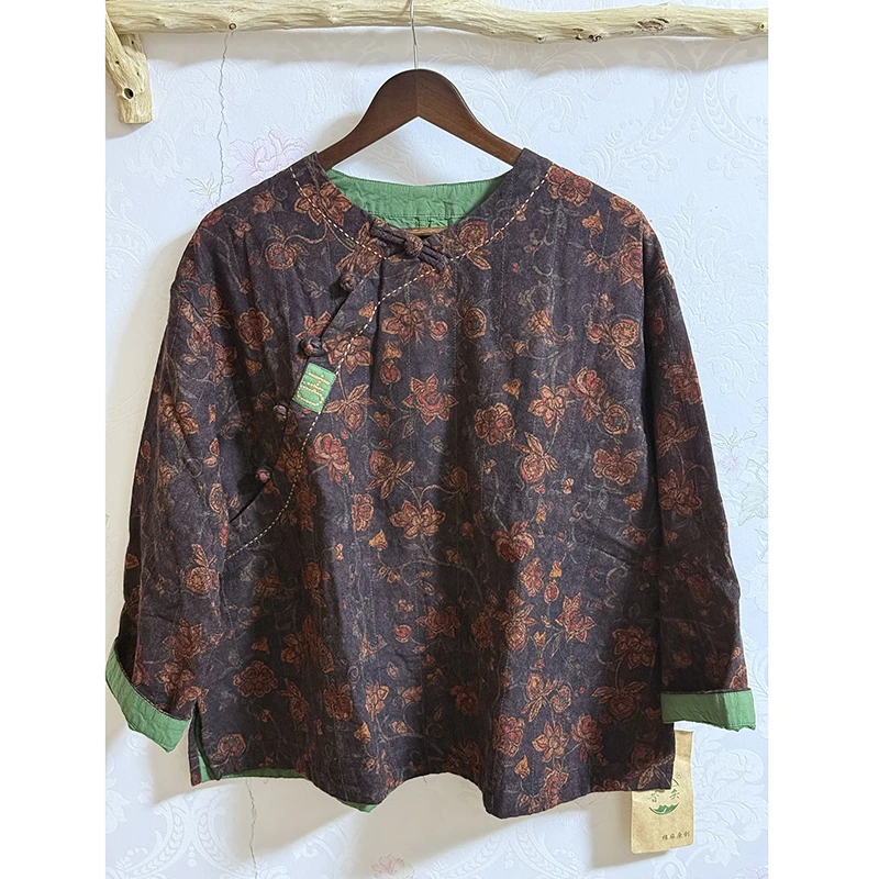 New Autumn/winter Women Casual Loose Vintage Floral Double Layer Cotton Linen Jackets O-neck Long Sleeve Outerwear & Coats L144