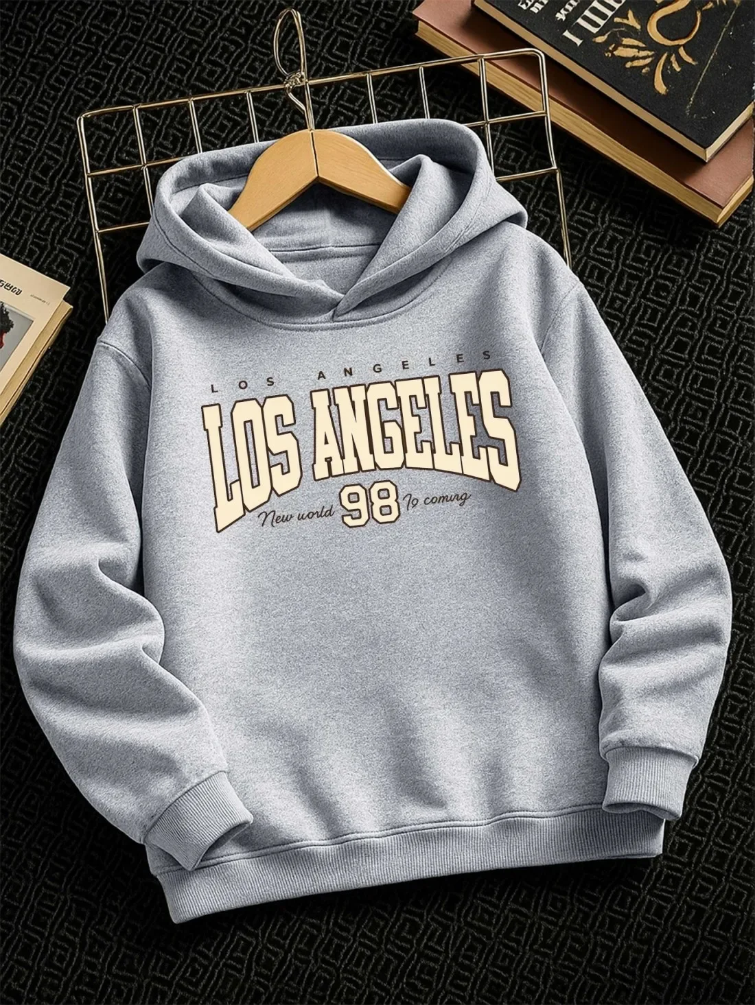 Vintage Los Angeles 98 Kids Hoodie Retro Varsity Letter Print Autumn Winter Fleece Warm Children Casual Hooded Sweatshirt