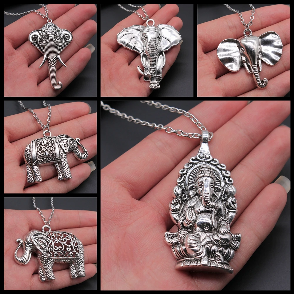 Thai Elephant Pendant Necklace Fashion Vintage Antique Silver Color Big Elephant Necklace Long Chain Metal Chain Necklace