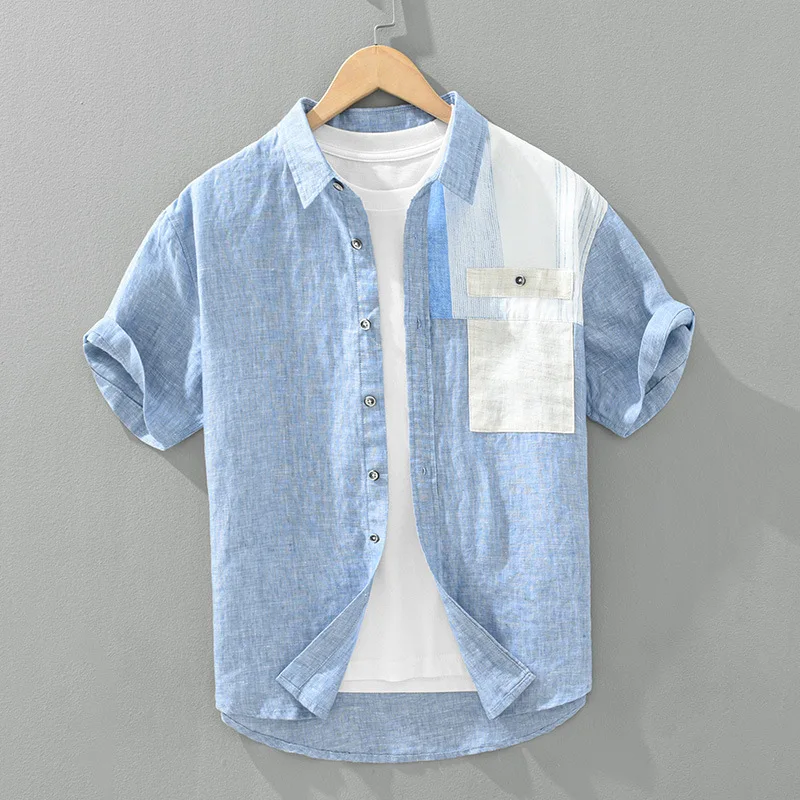 Camisa branca de manga curta masculina, Tops masculinos respiráveis, patchwork com gola quadrada, linho puro, casual, praia, roupas da moda, verão