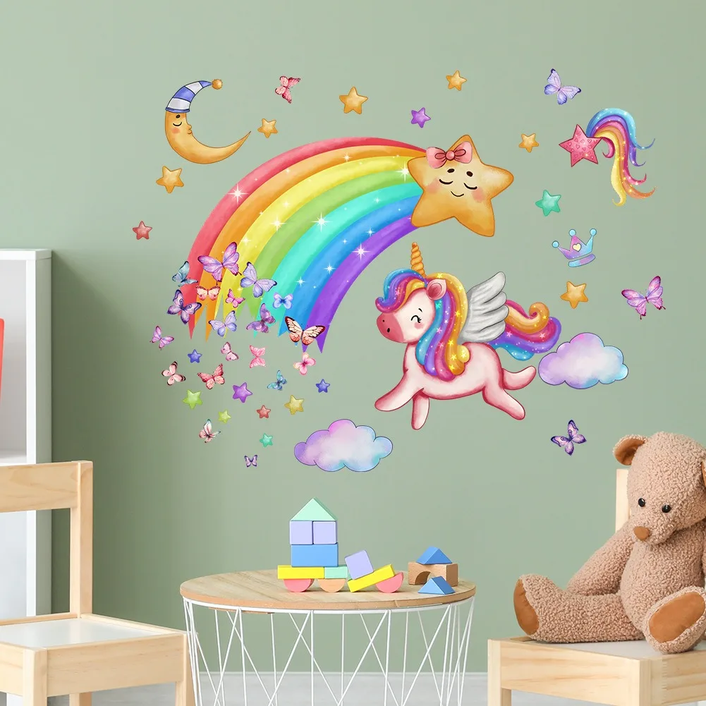 Creative Rainbow Unicorn Wall Stickers Wallpaper Mural Watercolor Stickers Children's Room Home Decoration
