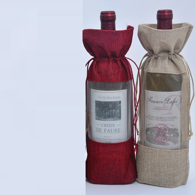 10Pcs Burlap Wine Bottle Bags Wine Bags With Sheer Window Hessian Drawstring Gifts Bags For Wine Tasting Party Favors Durable