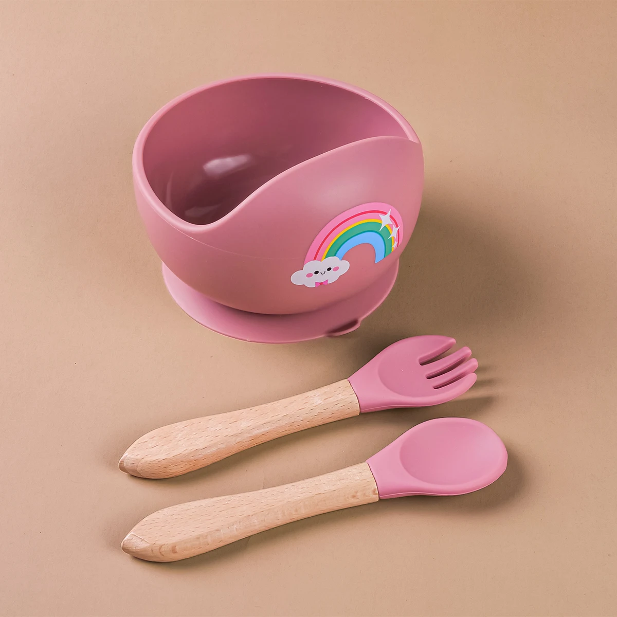 TYRY.HU 3Pcs Silicone Baby Feeding Bowl Set Baby Learning Dishes Suction Bowl Set Wood Spoon Fork Children Tableware Baby Stuff