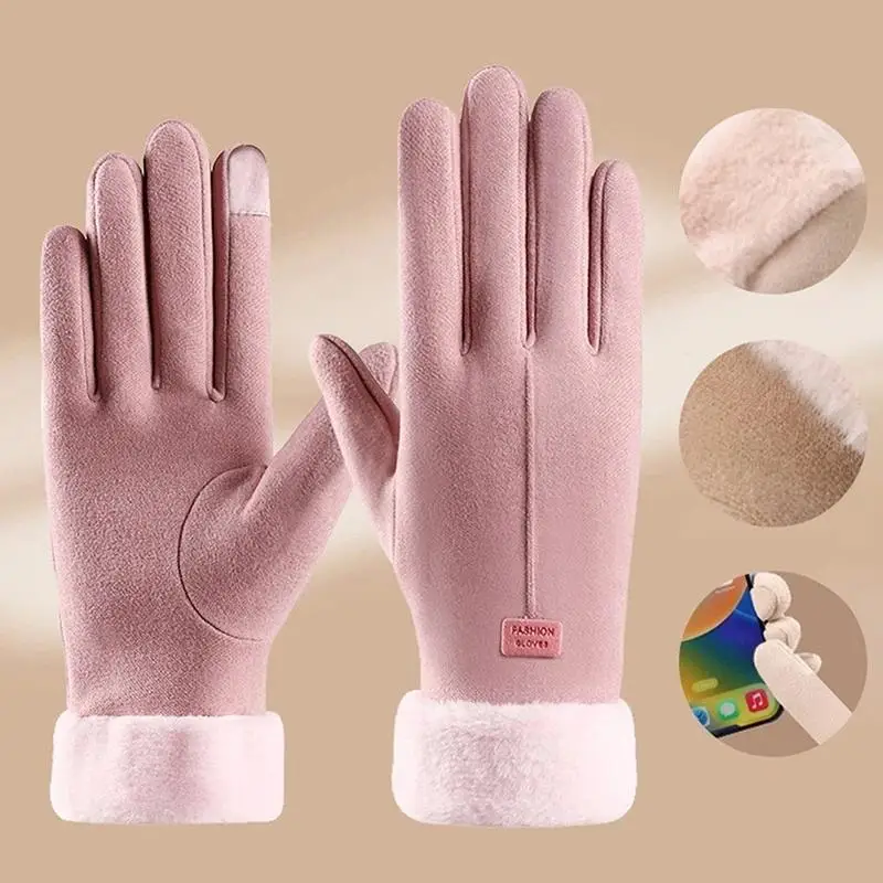 Thick Fur Lining Women Winter Gloves Windproof Cold Resistant Touch Screen Design For Outdoor Daily Riding Wear
