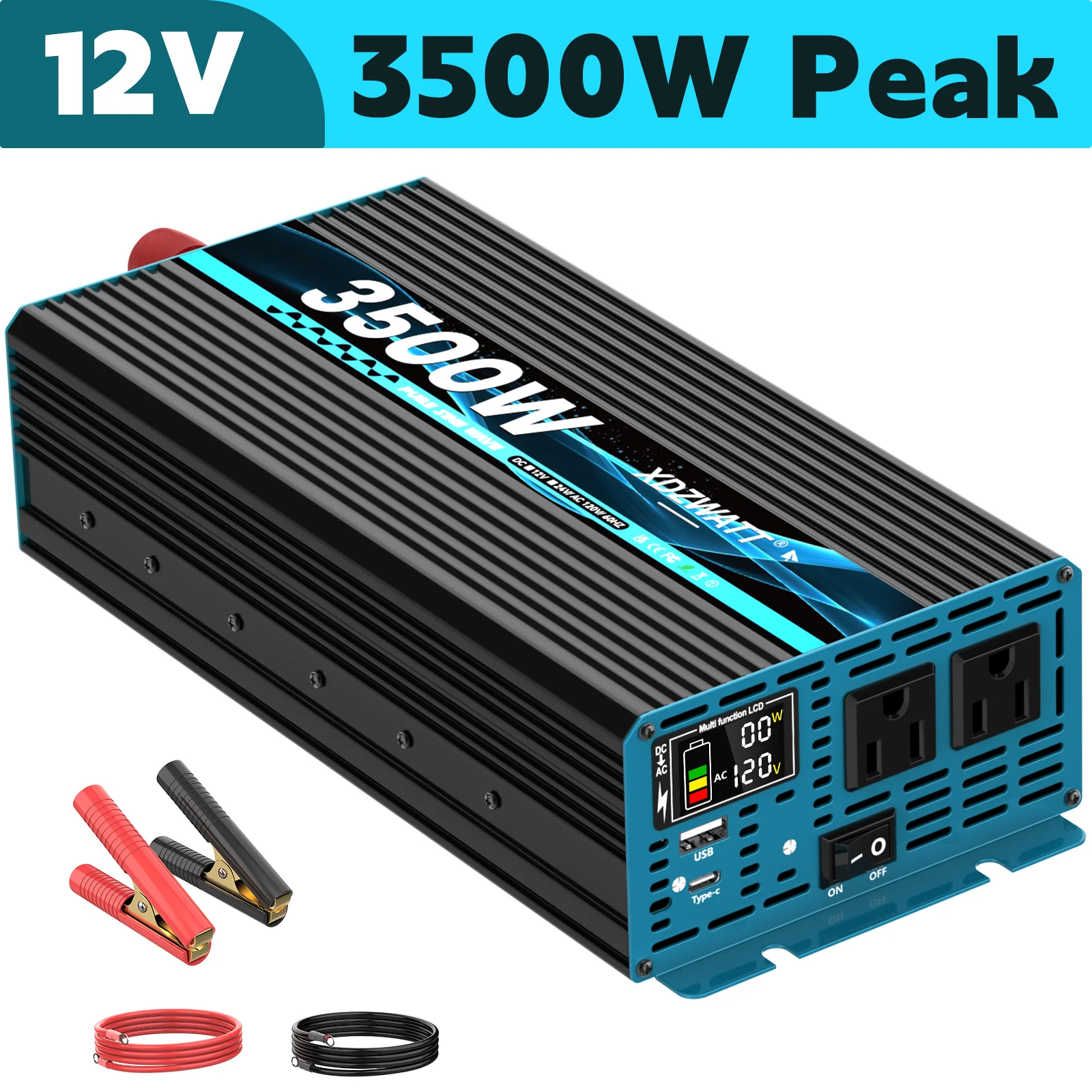 Power Inverter 1500W Rated 3500W Peak Pure Sine Wave Inverter 12V DC to 120V AC Converter for Home, RV, Truck, Camping, Trailer, with LCD Display,15W USB-C Charging Port,Support Li, AGM, SLD, Gel, FLD Batteries