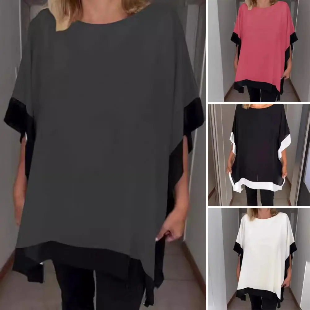 Classy Commuting Top Stylish Women's Summer Casual Tops with Batwing Sleeves Color Block Design Loose Fit Trendy for Streetwear