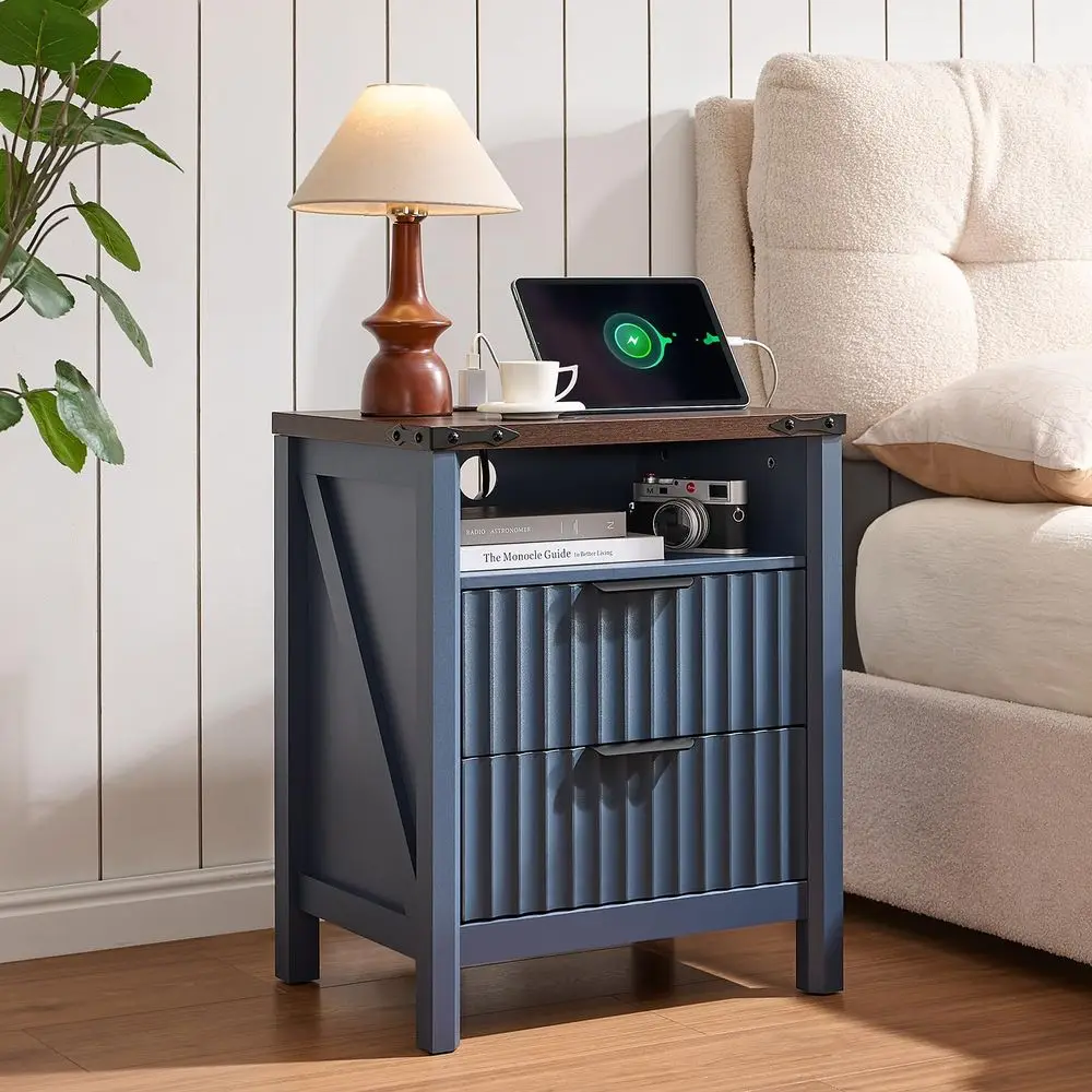 

Fluted Nightstand with Charging Station 20inch Farmhouse End Side Table Modern Night Stand Elegant Wood Bedside Table with 2 Dr