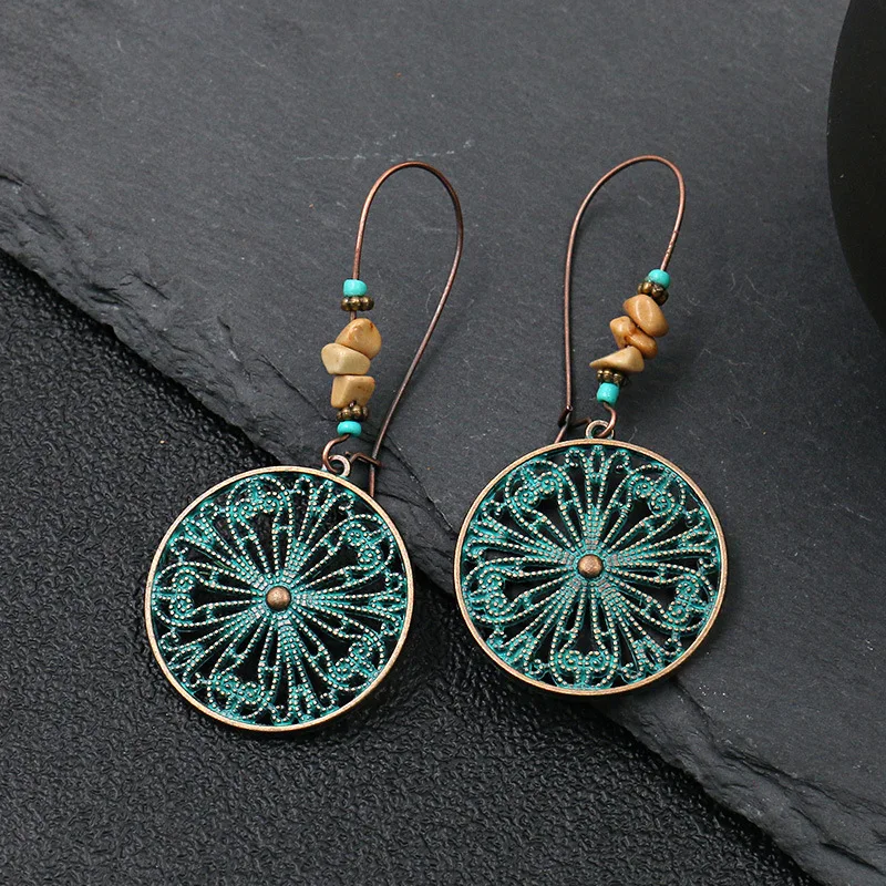 Ethnic Vintage Bohemia Big Ear Hook Drop Earrings For Women Geometric Leaf Wing Flower Hollow Round Boho Earings Antique Jewelry