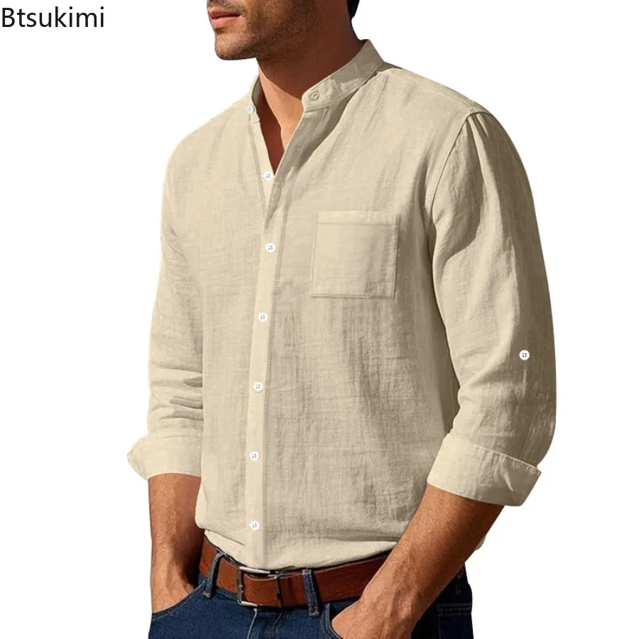 

2026 мужские однотонные льняные рубашки, дышащие повседневные рубашки с длинными рукавами, новые топы с воротником-стойкой в китайском стиле, весна-осень, новинка