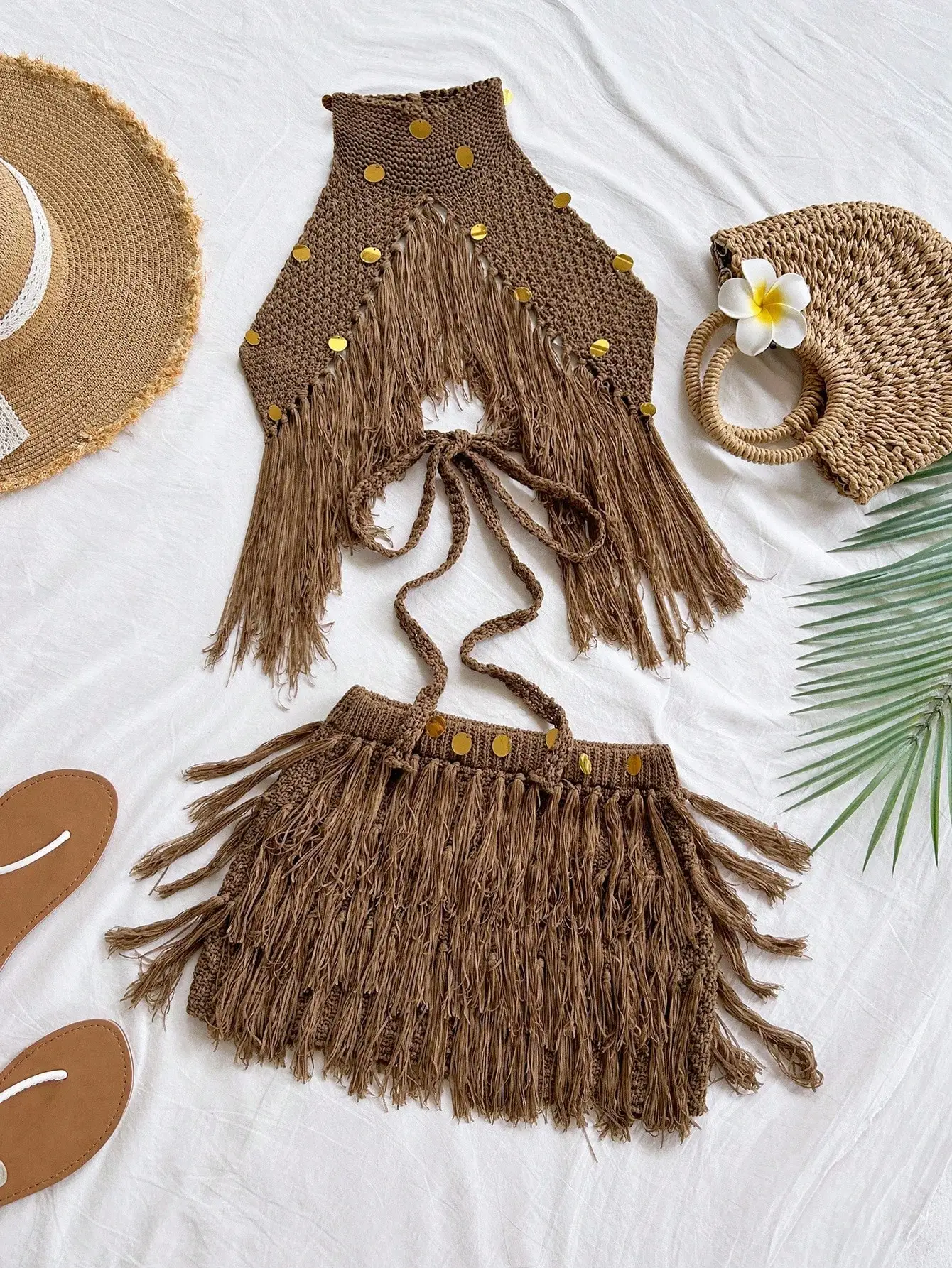 

Boho Knit Halter Top and Mini Skirt Set with Fringe & Gold Discs