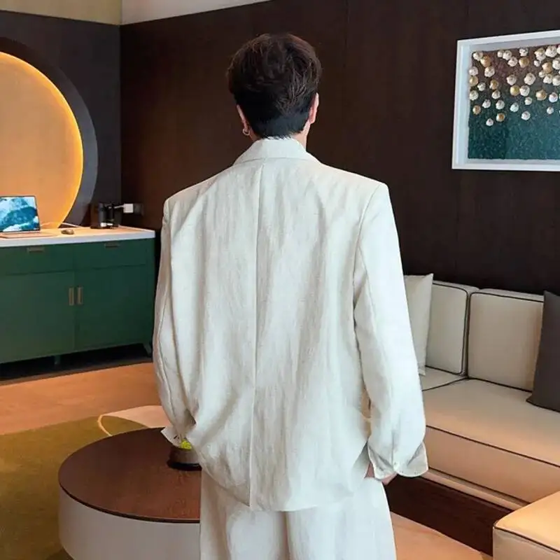 WVGA Spring Summer New Men's Linen Thin Loose Long Sleeved Blazer Niche Chic Casual Straight Suit Pants Two-Piece Set Ins W25551