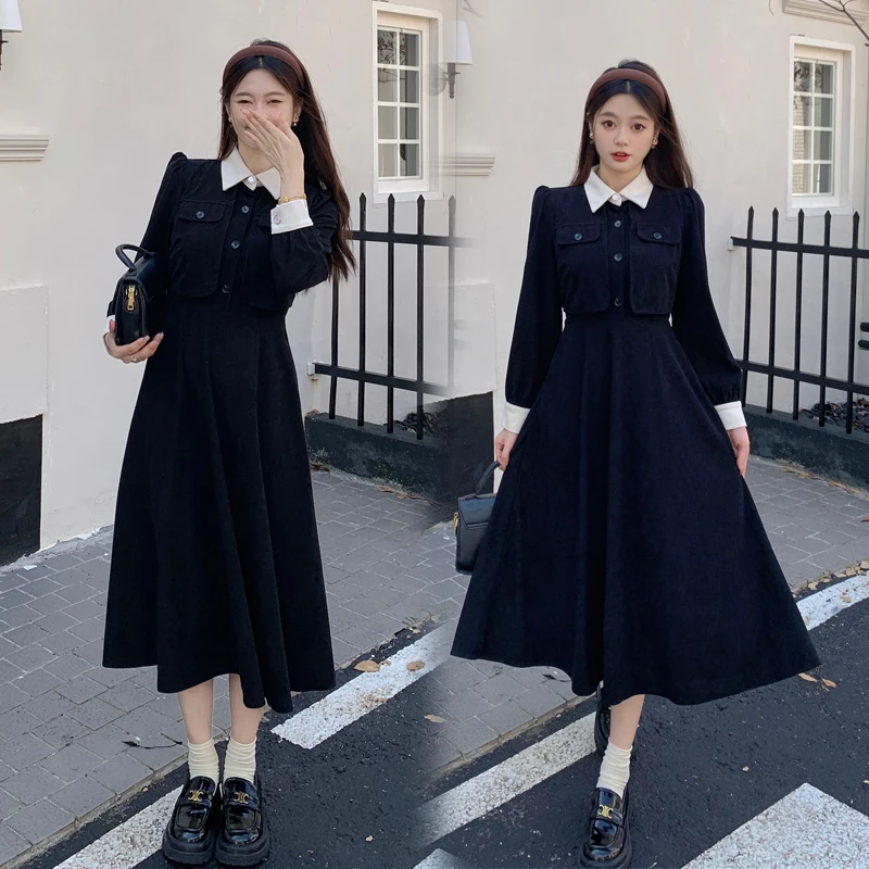 korean fake two pieces thicken casual slim Ladies black dresses autumn Long Sleeve corduroy maxi Dress Women vestidos de mujer