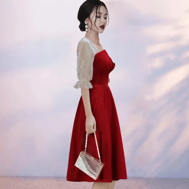 Red Bride Toast Dress 2024 Spring/Summer New Product Wedding Engagement Banquet Party Small stature Dress can be worn on weekday