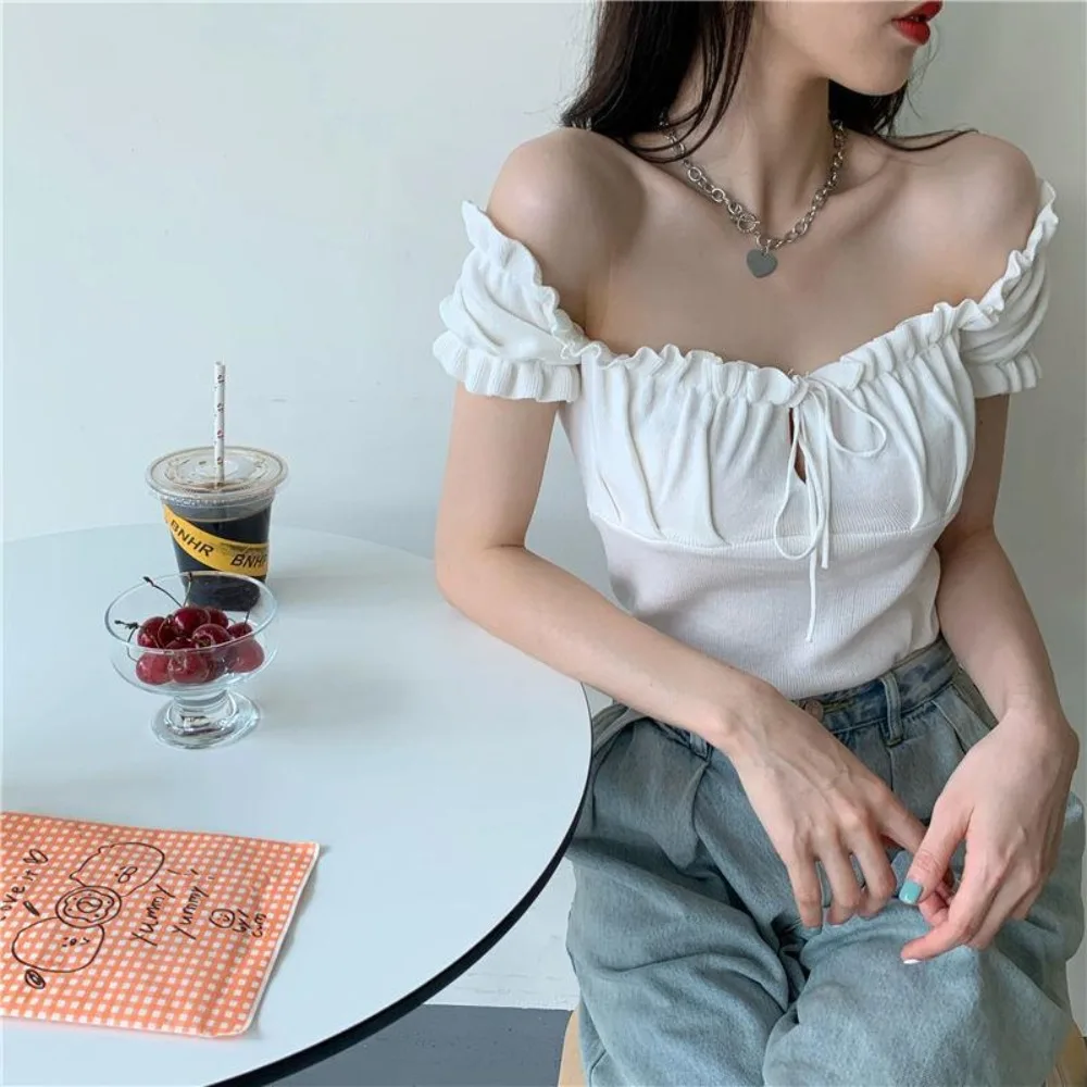 Terylene Square Neck Drawstring T-shirt Straight Shoulder Off-the-shoulder Ice Silk Short Sleeve Top Sleeveless