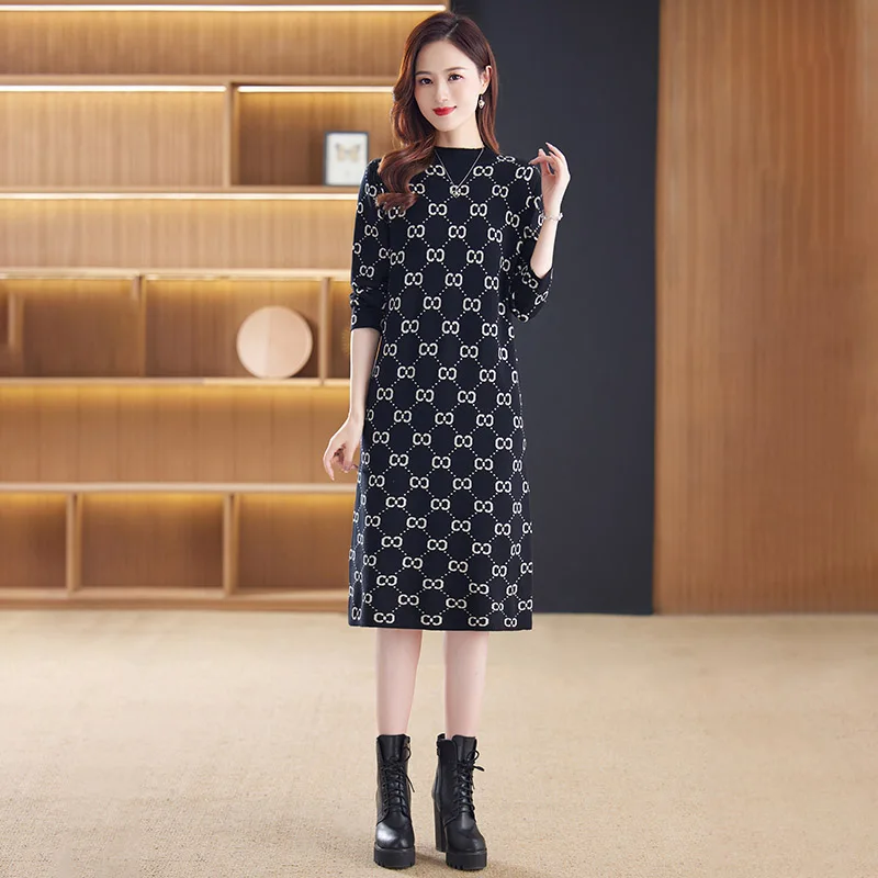 Women\'s Knee Length Wool Dress Autumn Winter French Leisure Simple Comfortable Knitted Dresses Female Clothing