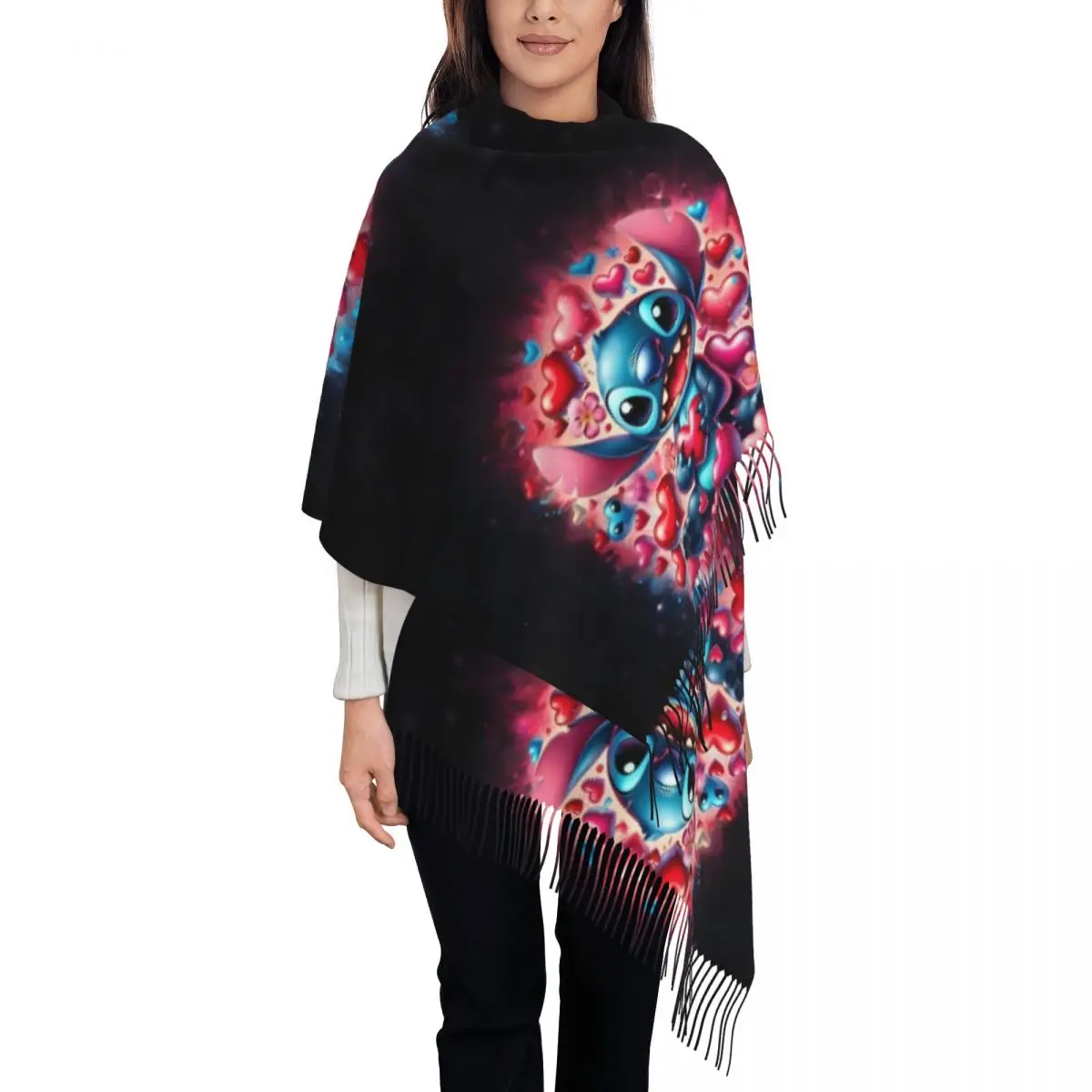 

Женские длинные шарфы с рисунком Лило и Стич на заказ, женские зимние толстые теплые шаль с кисточками, милый шарф в стиле аниме