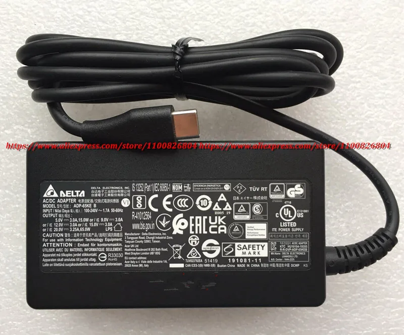 New Original OEM For Acer 65W Charger TravelMate P6 TMP614P-52 ADP-65KE B Laptop Power Supply 20V 3.25A USB-C Type C AC Adapter