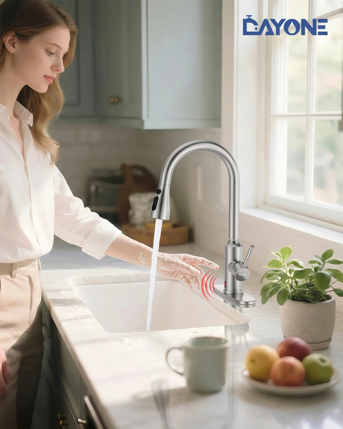 DAYONE Touchless Sensor Pull Down Kitchen Sink Faucet Brushed SUS304 Stainless Steel Single Handle 3-Function Sprayer