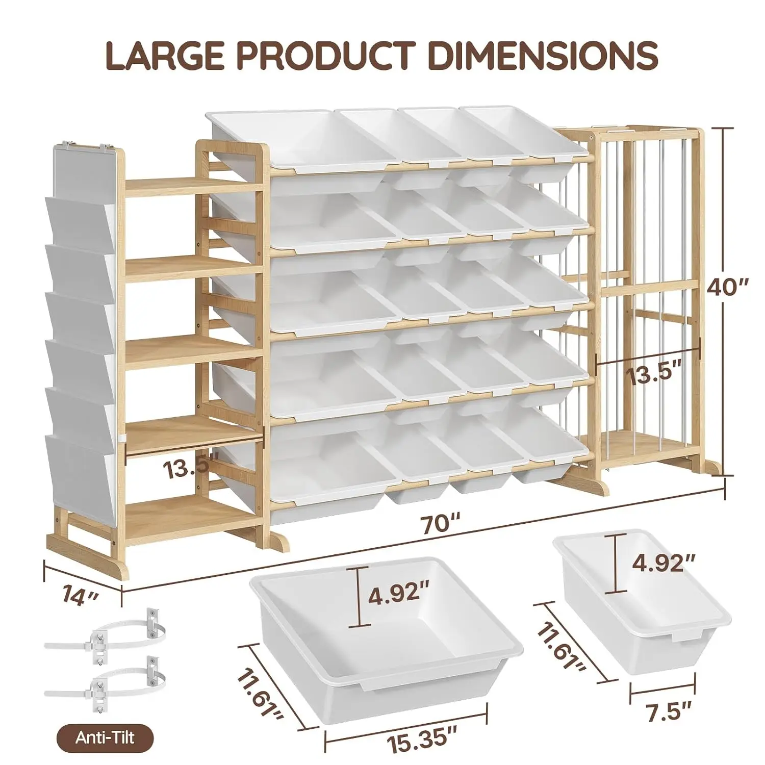 4-in-1 Large Toy Storage Organizer with Stuffed Animal Storage, 5 Kids Bookshelf, 20 Plastic Bins, Side Book Bag, Toy Organizers