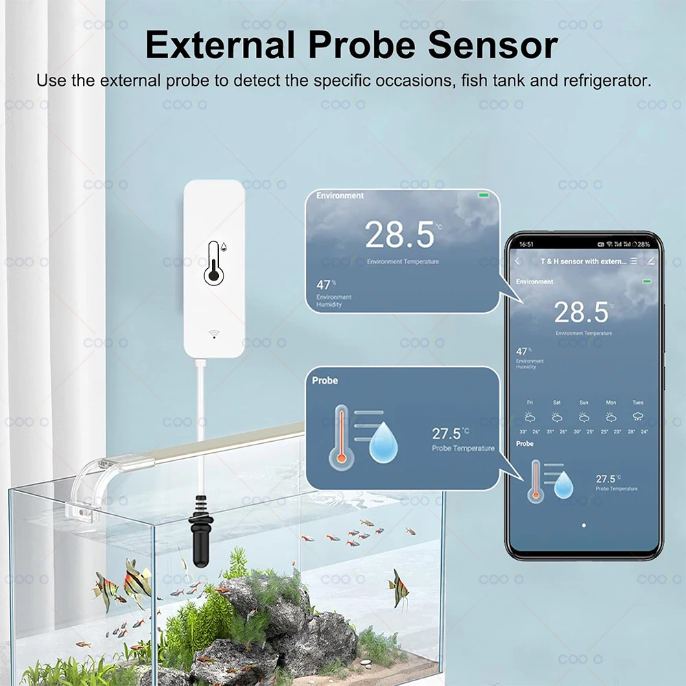 Tuya WiFi Temperature Humidity Sensor with External Probe Wireless Thermometer App Monitor for Freezer, Refrigerator, Fish Tank