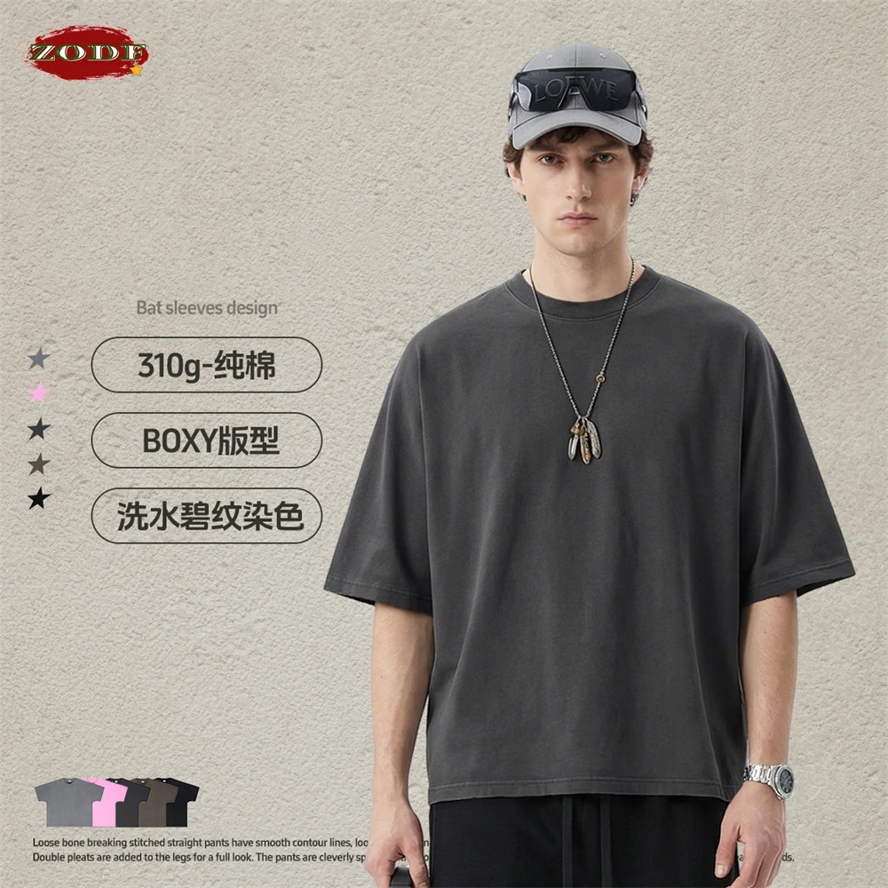 ZODF Retro Oversized 310gsm Boxyfit Cotton T-Shirts For Men Unisex Summer Washed Distressed Bat Sleeve T Shirt Brand Tops HY1193
