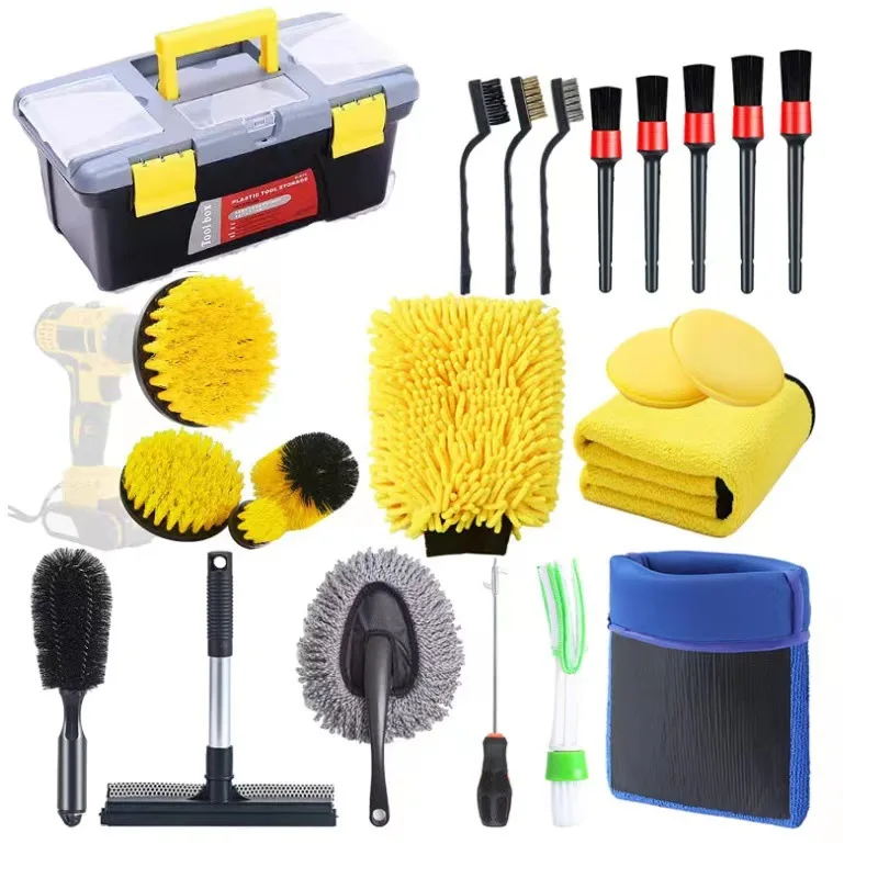 23Pcs car wash cleaning kit car interior drill brush set car cleaning tool with details tire brush towel