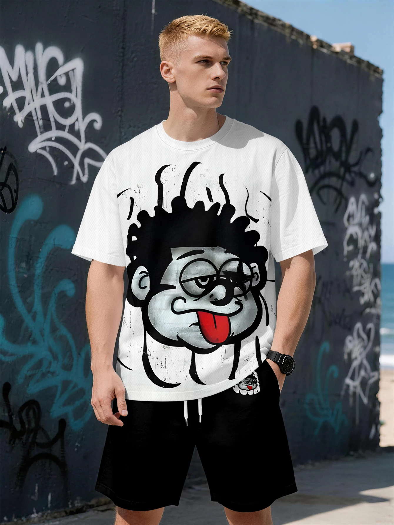 2026 Summer New Men's Short-Sleeved Set with 3D Hip-Hop Trend Brand Print Fashion Street Style Comfortable Lightweight Soft