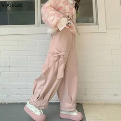 Autunno inverno dolce Lolita fiocco rosa pantaloni di lana donna Kawaii pantaloni della tuta larghi ragazze coreane studente Pantalones pantaloni Casual