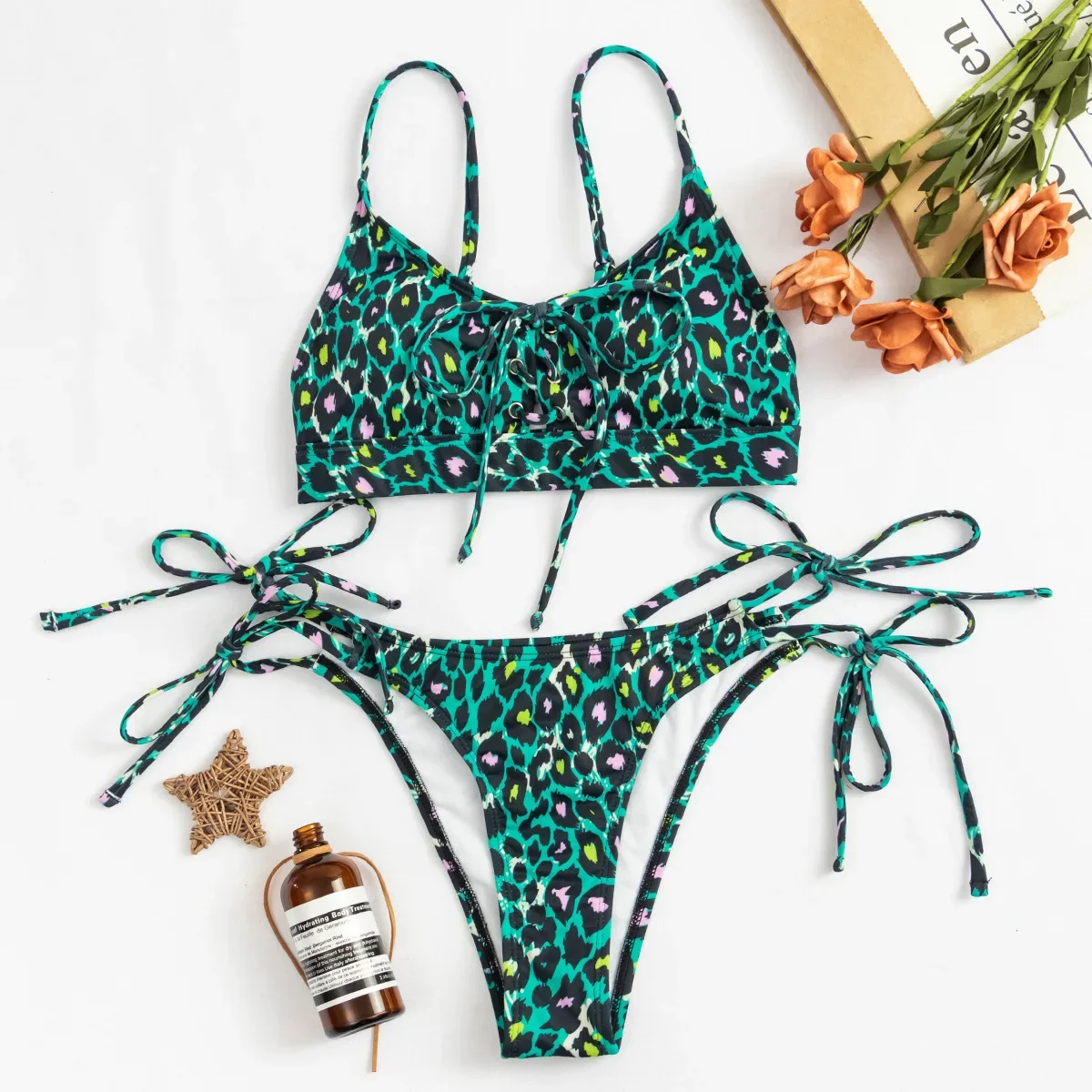 2024 New Sexy Bikini Women Green Leopard Print Swimwear Swimsuit Knotted Bikinis Set Bathing Suit Beach Bikini Female Push Up