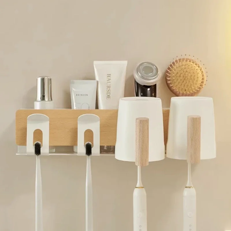 Modern Space Bathroom Fixture Wall-Mounted Toothbrush and Toothpaste Holder with Cup Bathroom Organizer Shelf Compact Functional