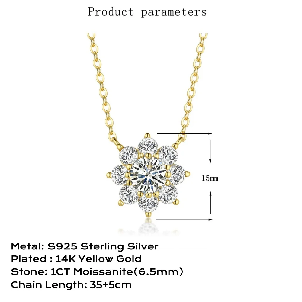 Moissanite Pendant Necklace for Women, 14K Gold Plated 925 Sterling Silver 1 Carat D Color Moissanite Necklace with Certificate
