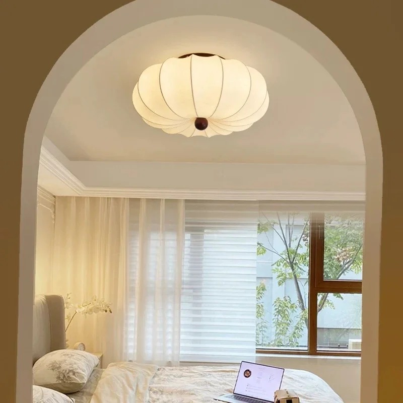 Japanese-style Circular Ceiling Lights Retro White Fabric Lampshade Living Room Bedroom Restaurant Kitchen Wooden Hanging Lamps