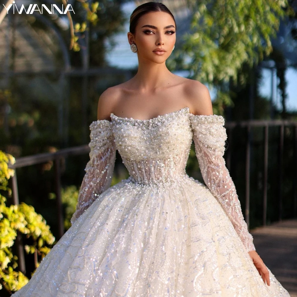 

Glitter Hand-sewn Beads Pearls Bride Robe Off The Shoulder Ball Gown Long Bridal Dress Strapless Wedding Gown Vestido De Novia