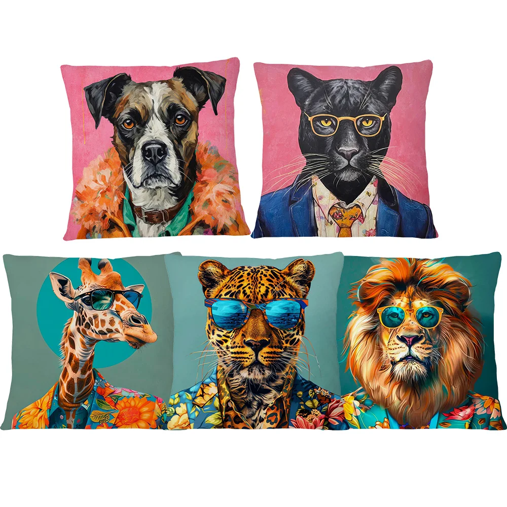 Bohemian Animal Head Human Body Poster Cushion Cover Giraffe Lion Camel Leopard Dog Zebra Print Pillow Case