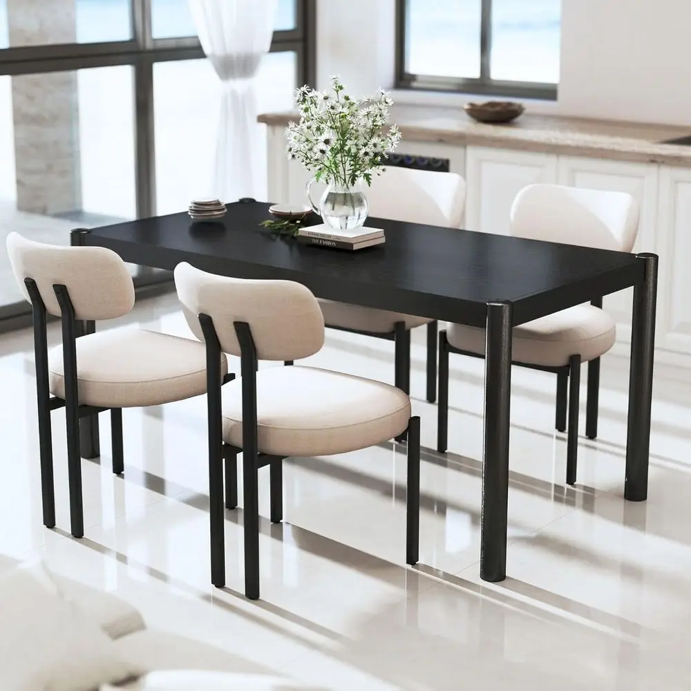 

Set of 4 Modern Linen Upholstered Dining Chairs with Black Metal Legs, Curved Back for Dining Room and Living Room, Light Beige