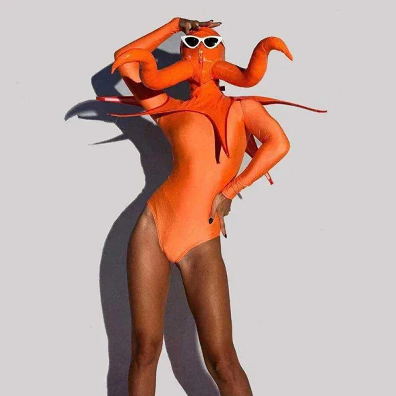 

Female Orange Bodysuit Rave Accessories Headwear Nightclub DJ DS Wear Performance Costume Octopus Outfit GOGO Dance Costume