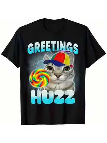 Funny Cat Meme T-Shirt Soft Breathable Cotton Greetings Huzz Funny Cat Meme T Shirt Crew Neck Tee for Men Women