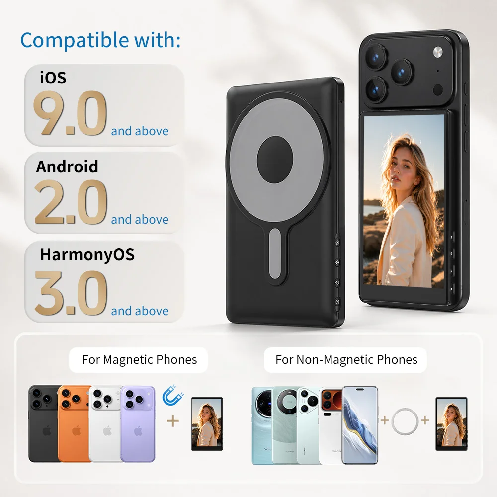 Vlog Selfie Monitor Screen for iPhone  Android Magnetic Back Camera Monitor with Speaker Supports reverse operation of the phone view 3