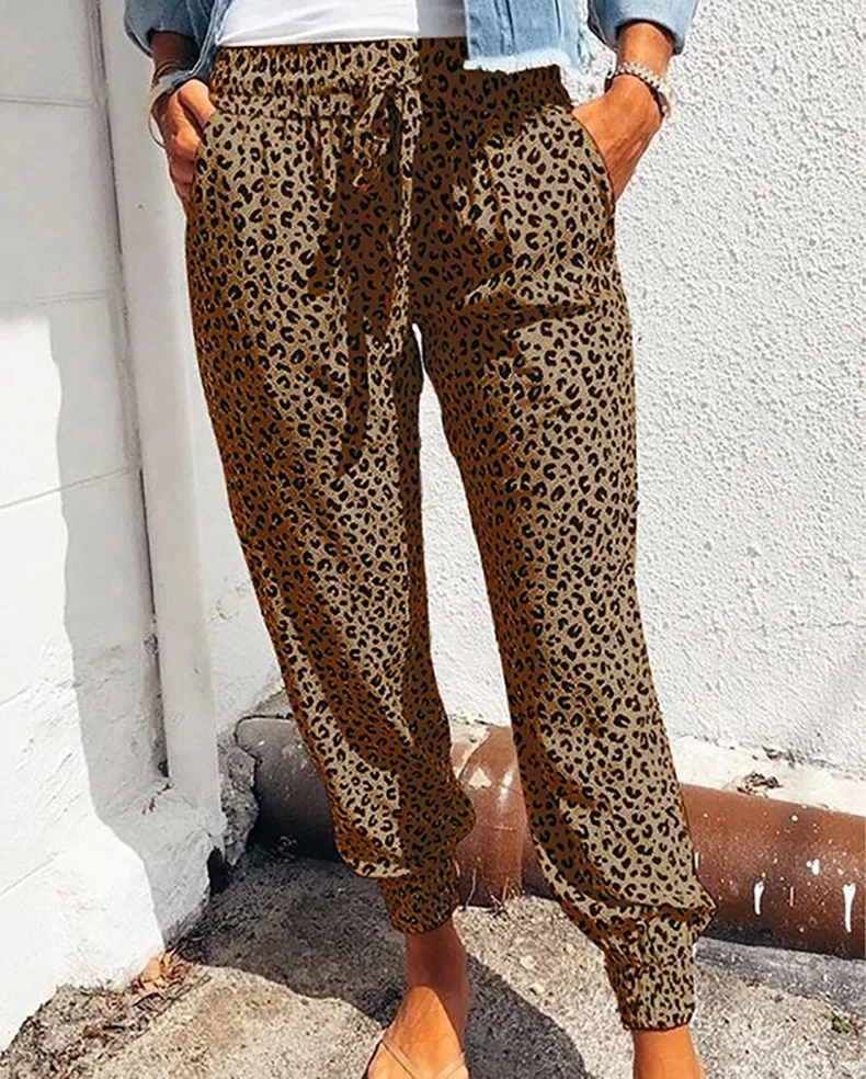 Summer New European and American Women\'s Leggings Loose Leopard Print Lace Up Casual Pants 2023