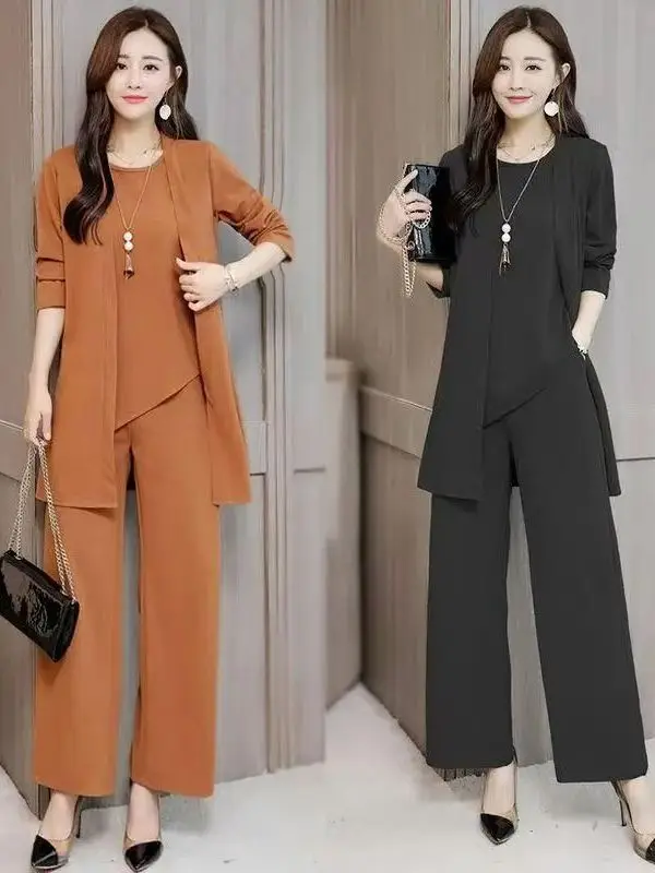 plus Size Fashionable Women's Three-Piece Set Spring 2026 Loose Wide Leg Pants Slimming Effect Comfortable Korean Style Commute