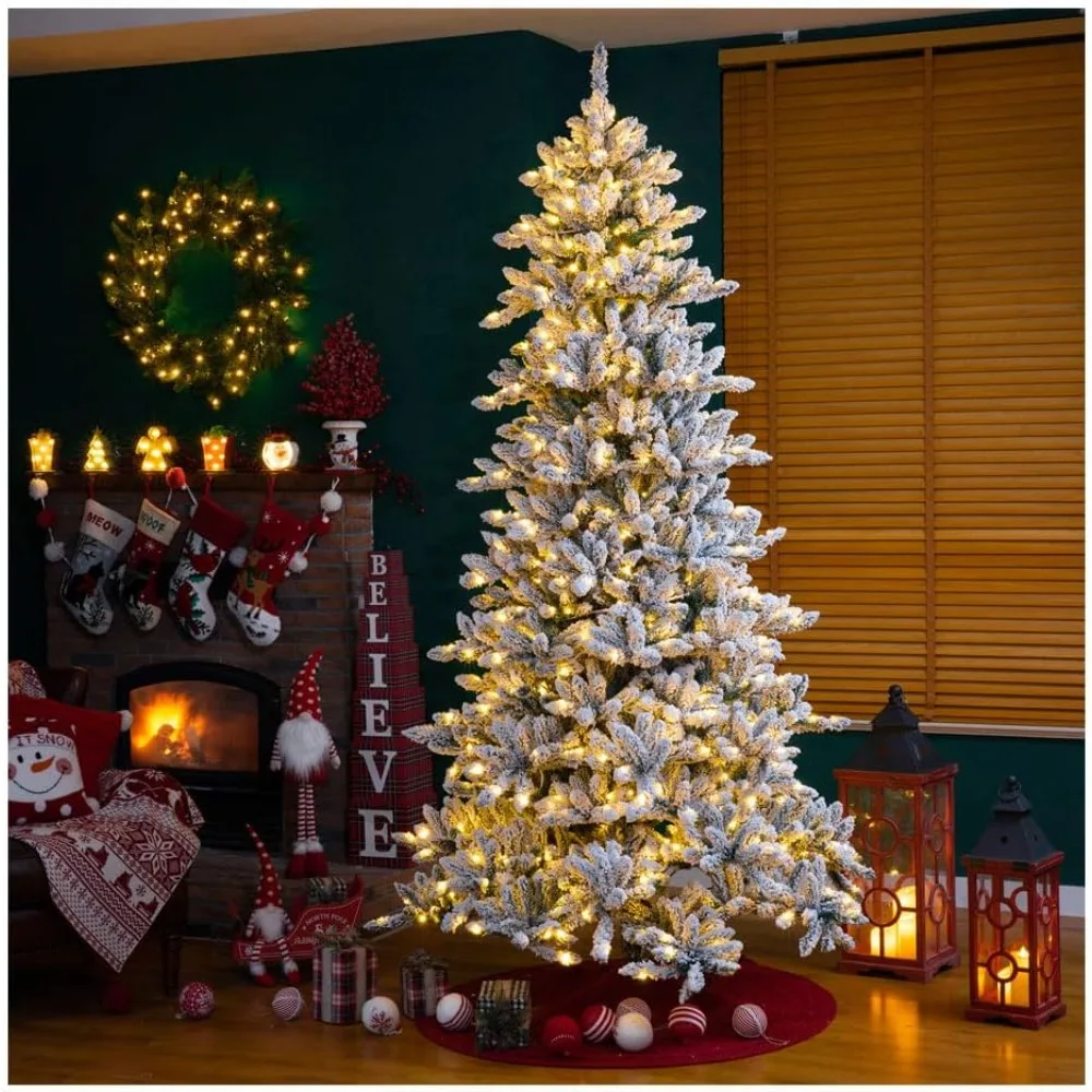 

9ft Pre-lit Christmas Tree,Snow Flocked Fir with 650 Warm White Lights, W/Easy Assembly Metal Stand,Artificial Christmas Tree