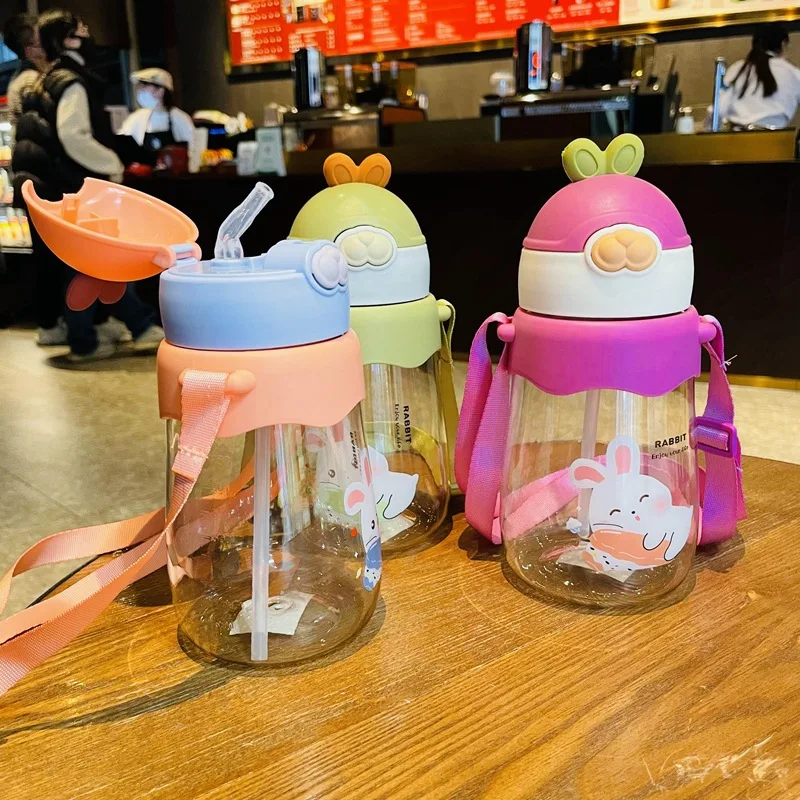 Kids Water Sippy Rabbit 650ML Creative Cartoon Baby Feeding Cups with Straws Leakproof Bottles Outdoor Children Cup